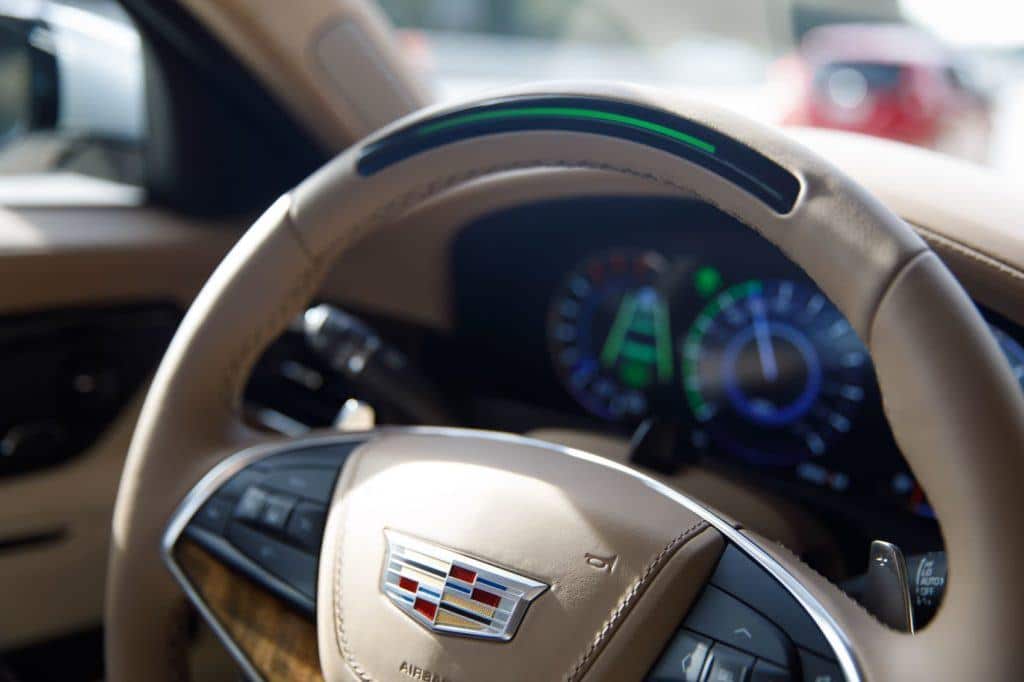 The steering wheel light bar, along with other audible and visual alerts, will prompt an inattentive driver to regain focus. In certain situations, Super Cruise can stop the vehicle and alert the authorities via OnStar. Photo: Cadillac.