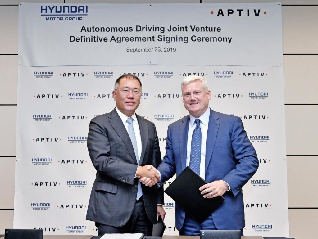 Hyundai Motor Group and Aptiv PLC have announced their new autonomous driving joint venture will be called "Motional." Euisun Chung (left), Executive Vice Chairman, Hyundai Motor Group, and Kevin Clark, President and Chief Executive Officer, Aptiv at Goldman Sachs headquarters in New York.