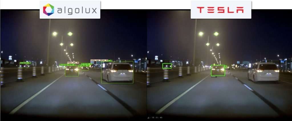 Low-light detection comparison: Tesla Model S Autopilot (camera/radar fusion + tracking) vs. Algolux Eos perception (camera-only). Photo: Algolux.