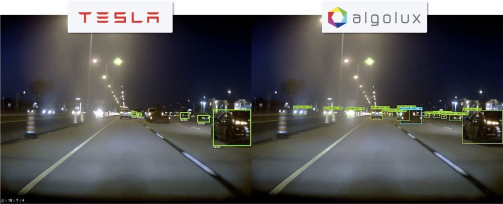 Low-light detection comparison: Tesla Model S Autopilot (camera/radar fusion + tracking) vs. Algolux Eos perception (camera-only).