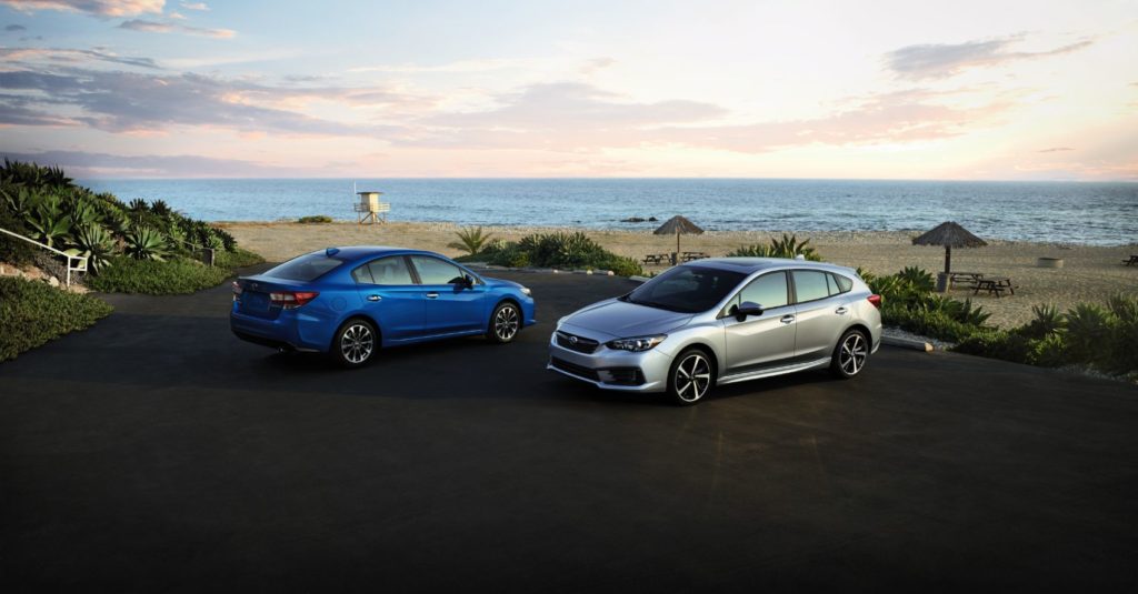 2021 Subaru Impreza sedan (left) and five-door hatchback.