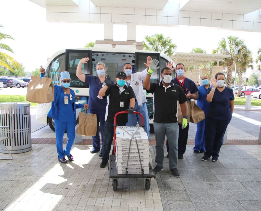 Beep, an Orlando-based autonomous shuttle service provider, uses its shuttles to deliver pizzas to the Orlando VA Medical Center and Nemours Children's Hospital located in Lake Nona, Florida.