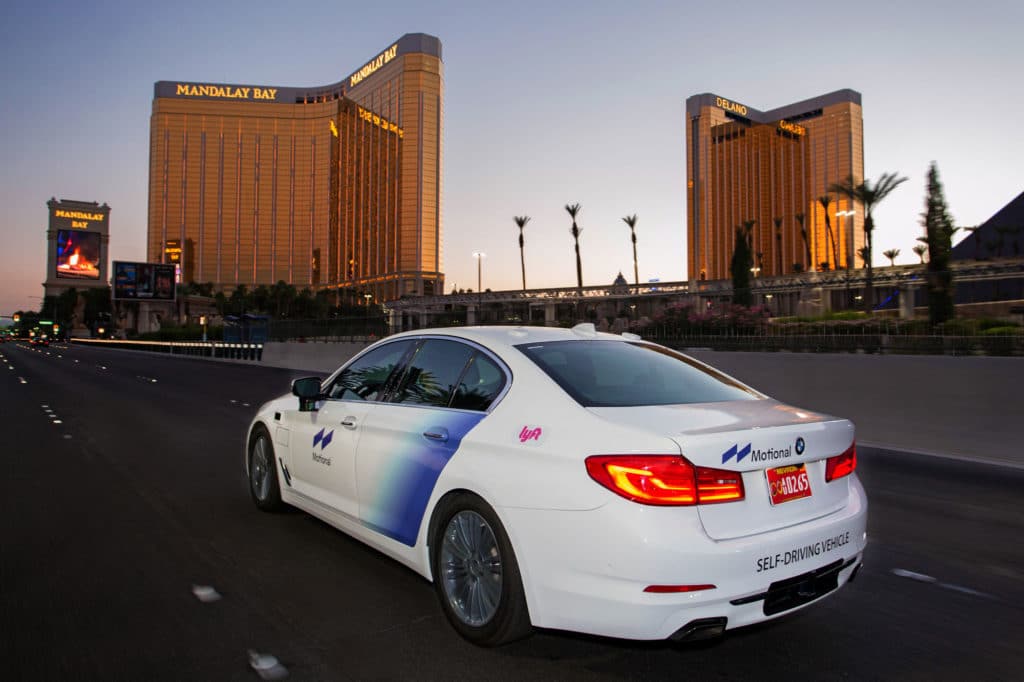 A Motional & Lyft robotaxi travels through Las Vegas.