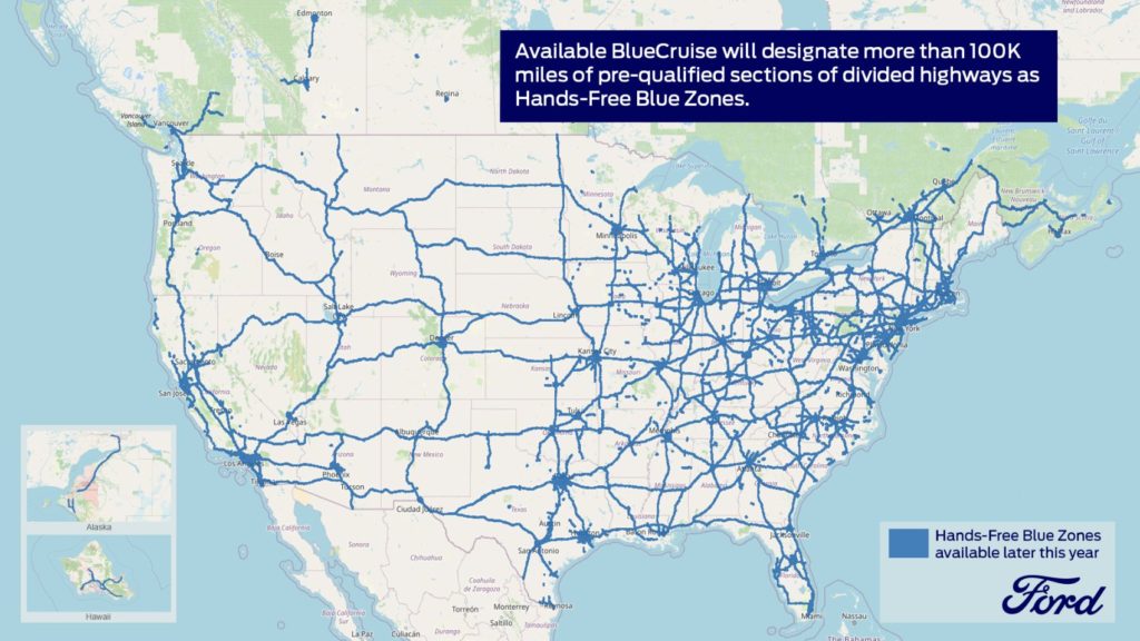 Hands-free driving zones map for Ford BlueCruise.