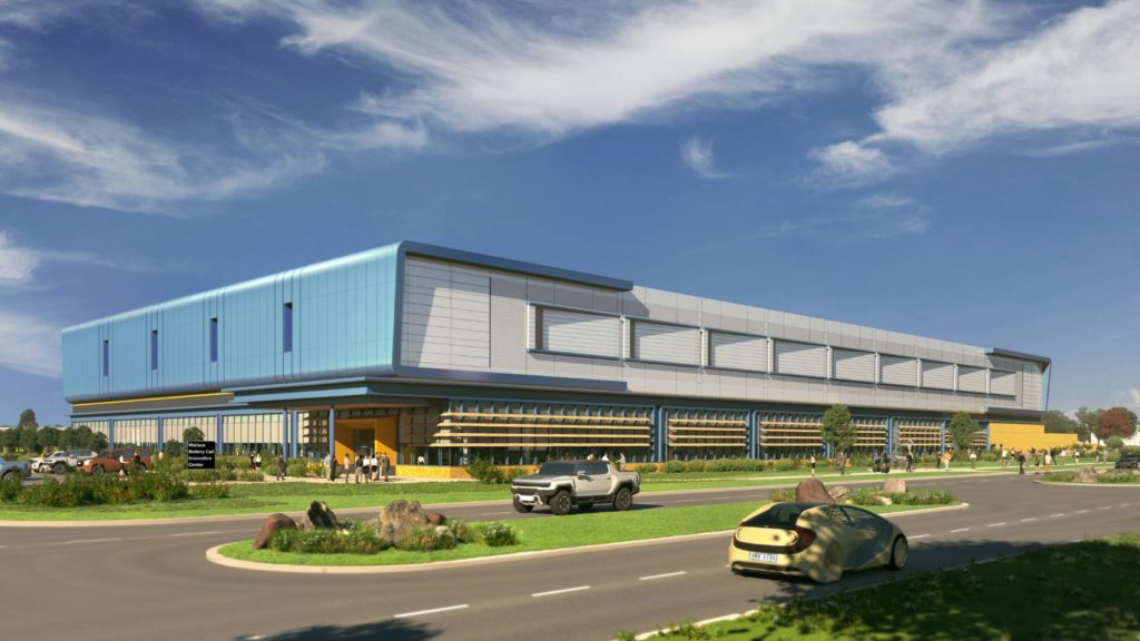 Architectural rendering of the completed first phase of GM’s Wallace Battery Cell Innovation Center.